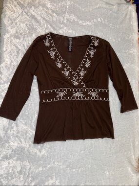 W by Worth Brown V-Neck Embroidered Wrap-Style Blouse